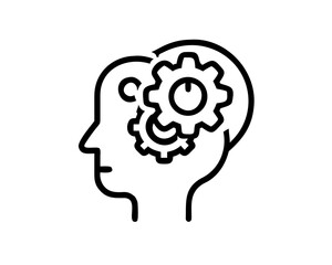 Line art illustration of a head with gears inside