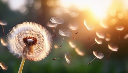 dandelion seed head with flying seeds in soft natural light creating peaceful mood