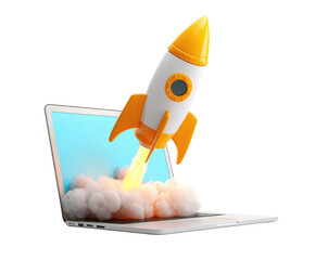 A cartoon rocket launching from an open laptop