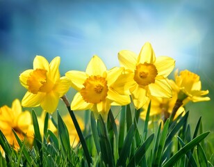 Obraz premium yellow daffodil flowers bloom brightly with green leaves on fresh grass field