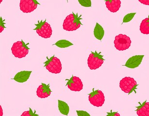 A repeating pattern of bright pink raspberries and green leaves on a light pink background