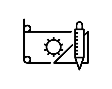 Illustration of a blueprint with gear and tools