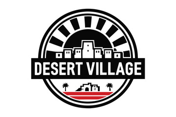 Black and white design features traditional desert architecture and two palm trees beneath typography