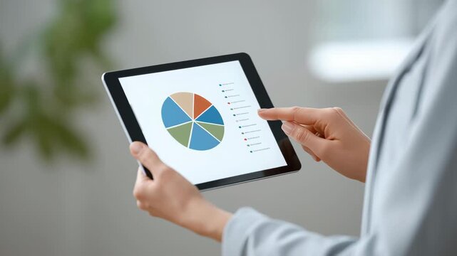 Tablet pie chart analytics report finger touch data visualization business presentation professional infographic insight hands holding tablet with - Powered by Adobe