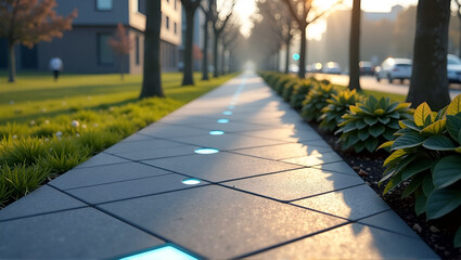 Smart kinetic energy pathway in urban park with glowing blue tiles