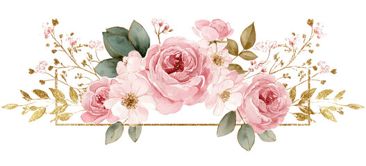 Delicate floral arrangement with pastel pinks and gold accents.  A decorative, ornate border of roses, leaves, and small blossoms in soft pinks, whites, and golds. 