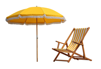 Yellow Beach Umbrella and Striped Deck Chair isolated on a transparent background