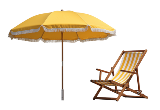 Yellow Beach Umbrella and Deck Chair isolated on a transparent background 1