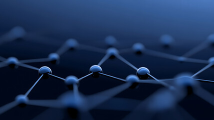 An interconnected network of spheres and lines dominates the composition. A dark blue hue sets a serene, technological tone. The image evokes connectivity and structure.