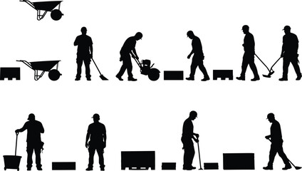 Labor, Construction, Workers, Silhouette, Tools, Wheelbarrow, Crate, Bucket, Manual, Site, Equipment, Framework, Technician, Operation, Materials, Task, Assembly, Infrastructure, Inspection, Handling