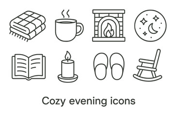 Cozy evening icons: blanket, mug, fireplace, moon, book, candle, slippers, rocking chair