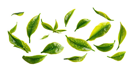 Fresh green tea leaves scattered