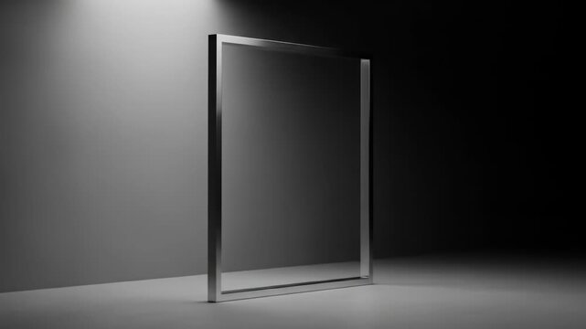 A sleek, metallic rectangular frame stands against a dark, softly lit background