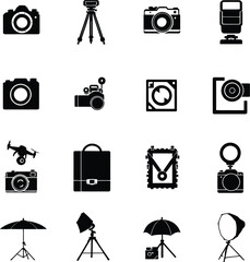 Photography equipment icons set camera lens tripod flash drone bag umbrella studio light silhouette vector