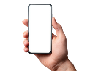 Hand holding a blank smartphone. Dark background. Focus on device. Clean, modern aesthetic