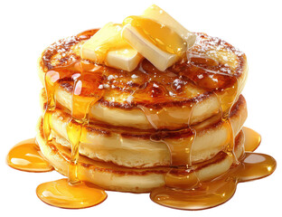 Stacked pancakes drizzled with golden syrup and topped with butter