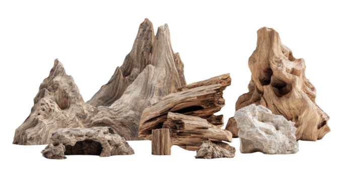 Driftwood and stone pieces, various shapes and sizes - Powered by Adobe