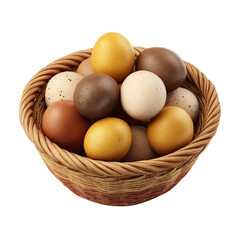 Assorted Colored Eggs in Wicker Basket with Fresh Food Isolated.