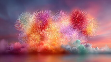 Dramatic fireworks display with '2026' written in fiery red and orange, smoke clouds adding intensity to the composition