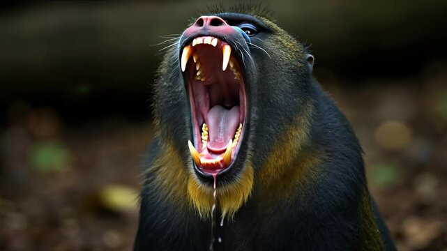 Close-up of aggressive male mandrill monkey showing its large fangs. Wild animal banner. Concept of anger, danger and power in nature