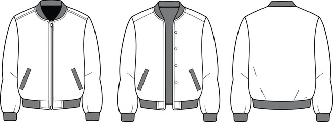 Bomber jacket technical flat sketch front and back view, varsity jacket vector template, unisex fashion outerwear design illustration