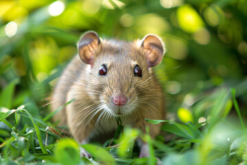 A beautiful packrat with stunning ruby eyes emerges confidently from the lush grass, showcasing the untamed spirit shared by its rodent counterparts such as mice, dormice, and hamsters  