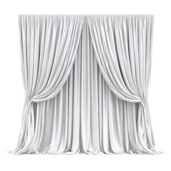 Full view of a pair of white stage curtains