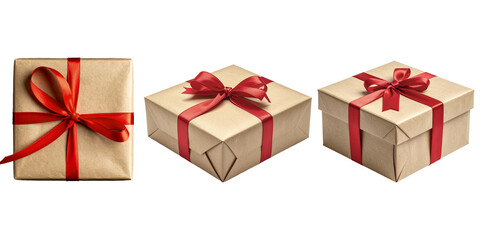 Set of 3 Kraft Gift Boxes with Red Ribbons – Isolated PNGs on Transparent Background