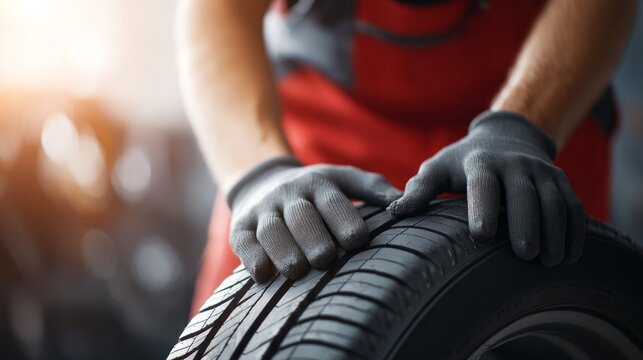 A dedicated mechanic examines a car tire closely with gloved hands in a well-lit auto shop. Tools and equipment surround him, highlighting the busy atmosphere of a typical workday
