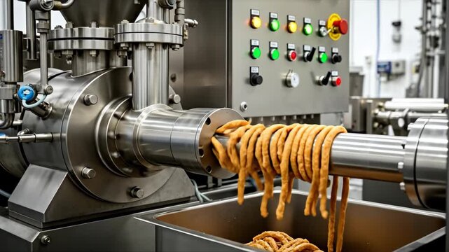Industrial food extruder machine in factory processing dough-like product. Close-up of automated food manufacturing equipment. Modern production line technology concept