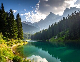 Serene alpine lake nestled in a lush forest, reflecting a vibrant sky