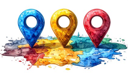 Three colorful map markers on a vibrant watercolor splattered background