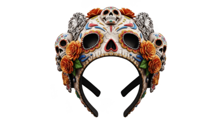 Sugar skull headband with roses and skulls, isolated on transparent background