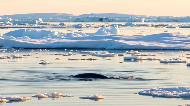 Narwhal surfacing in arctic ocean with its tusk pointing up among icebergs. Wildlife banner. Climate change and conservation concept