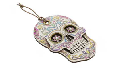 Ornate sugar skull decoration isolated on transparent background