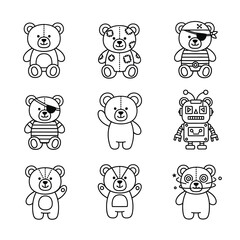 Cute teddy bear and robot toy line icons set. Perfect for kids’ design, coloring pages, nursery prints, stickers, and cartoon illustration projects. Vector outline style for fun artwork.