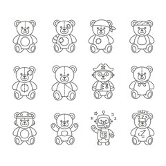 Cute teddy bear and robot toy line icons set. Perfect for kids’ design, coloring pages, nursery prints, stickers, and cartoon illustration projects. Vector outline style for fun artwork.