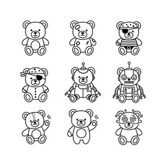 Cute teddy bear and robot toy line icons set. Perfect for kids’ design, coloring pages, nursery prints, stickers, and cartoon illustration projects. Vector outline style for fun artwork.