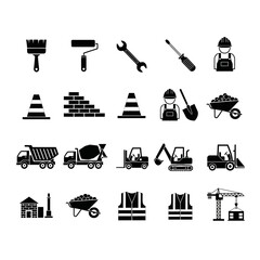 A collection of black and white construction, tools, and heavy equipment icons. Vector icon set. Isolated on a white background.