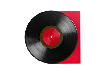 Black vinyl record with red label, against black