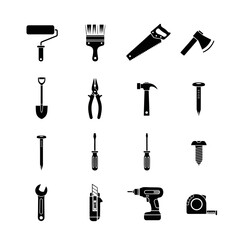 Set of black tool icons including hammer, wrench, drill, saw, pliers, and screwdriver. Perfect for construction, DIY, mechanic, and engineering design projects. Vector silhouette collection.