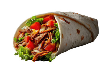 A flavorful burrito filled with shredded meat, lettuce, and tomatoes