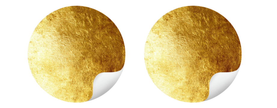 Two circular gold-toned textured stickers