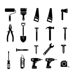 Set of black tool icons including hammer, wrench, drill, saw, pliers, and screwdriver. Perfect for construction, DIY, mechanic, and engineering design projects. Vector silhouette collection.