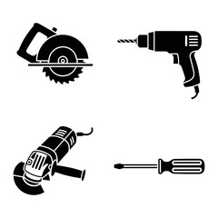 A set of black and white tool, cutter, and drill icons. Vector icon set. Isolated on a white background.