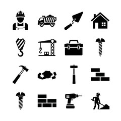 A collection of black and white construction, tools, and heavy equipment icons. Vector icon set. Isolated on a white background.