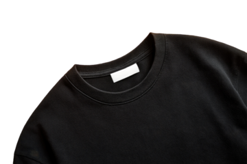Close-up of a dark gray/black crew neck t-shirt with a blank white label
