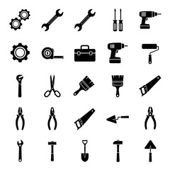 A series of black and white wrench tool icons. Vector icon set. Isolated on a white background.