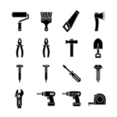 Set of black tool icons including hammer, wrench, drill, saw, pliers, and screwdriver. Perfect for construction, DIY, mechanic, and engineering design projects. Vector silhouette collection.