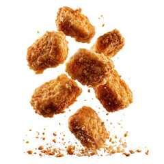 Crispy fried chicken nuggets in mid-air, scattered crumbs below